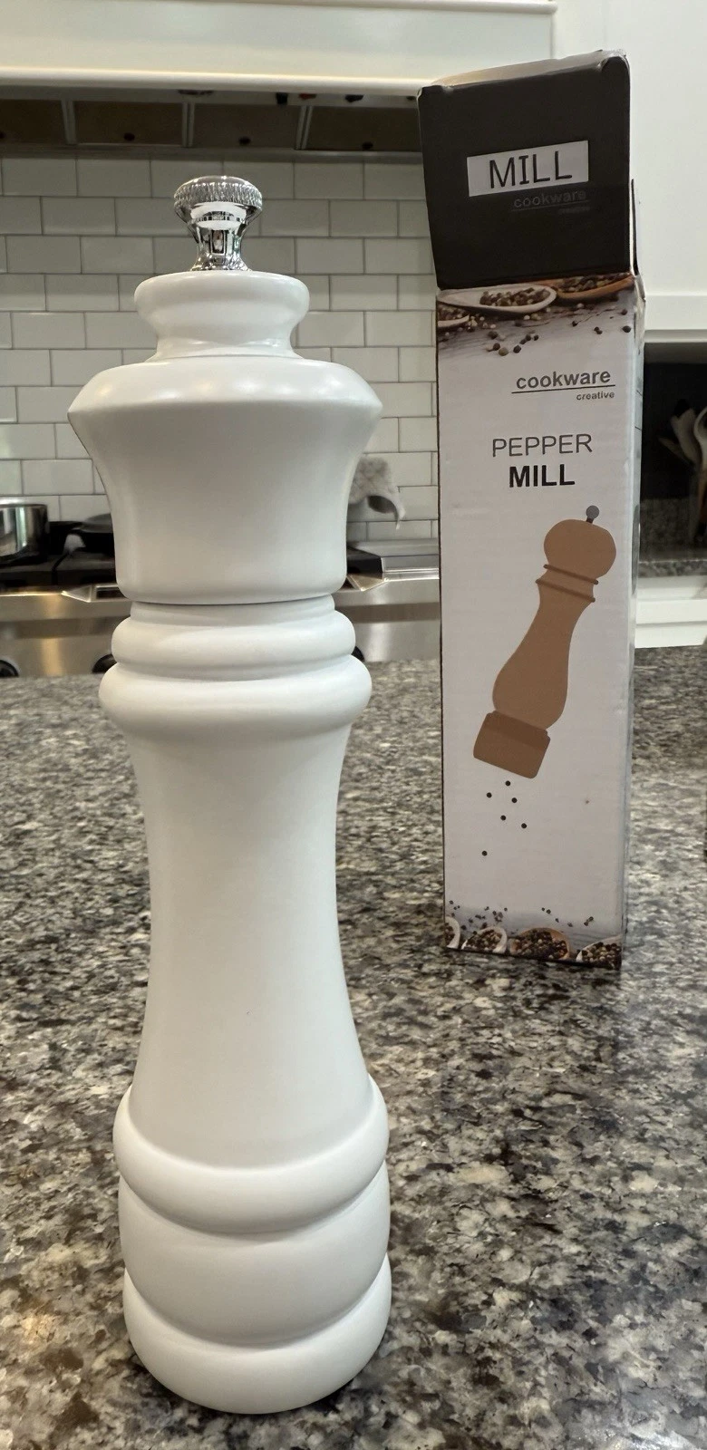 White Wooden Pepper Mill. 9” Tall. New.