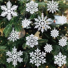36pcs White Snowflake Ornaments Christmas Tree Decorations, Glitter Plastic S...