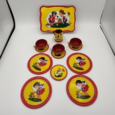 Vtg Ohio Art Childs Tin Tea Set 173 - Tray, Pitcher, 3 Cups, 4 Plates, 4 Saucers