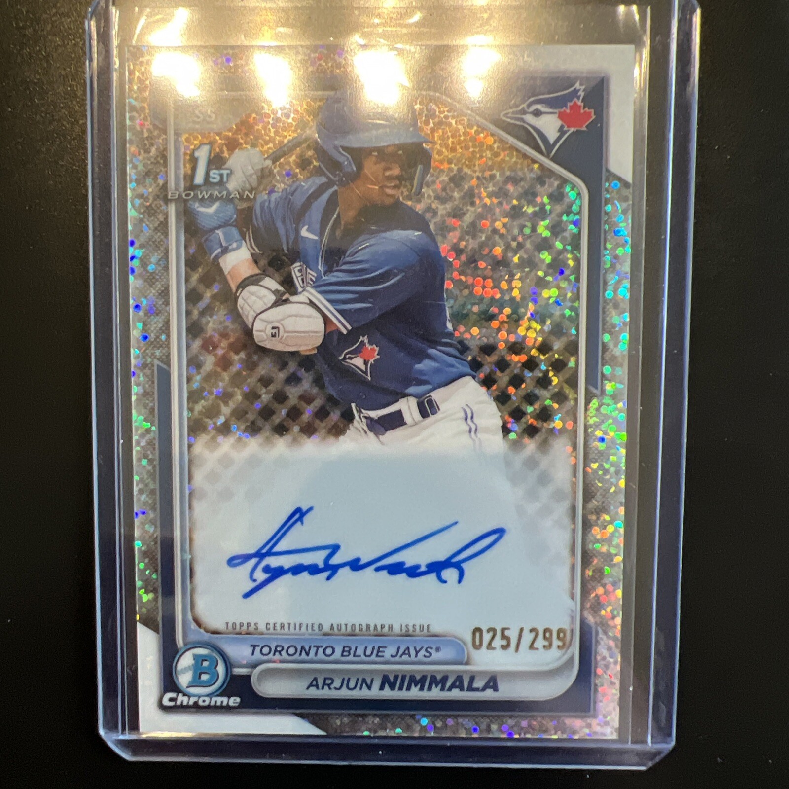 2024 Bowman Chrome Arjun Nimmala 1st Speckle Refractor Auto /299 Blue Jays