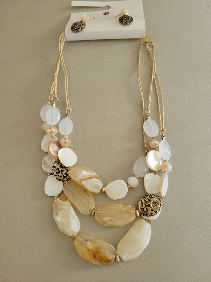 Dress Barn  Rose Gold Tone MOP,agate Corded Necklace & Dangle Earrings Set NOS - Image 3 of 4