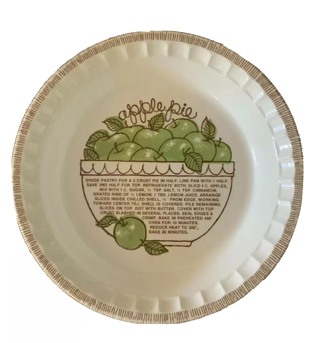 Vintage Ceramic Baking Dish Pie Plate w/ Apple Pie Recipe 11 inches  Pre-Owned