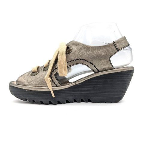 Fly London Yifa Silver Bronze Gold Lace Up Peep Wedge Women's 6.5 | 37 - Picture 2 of 10