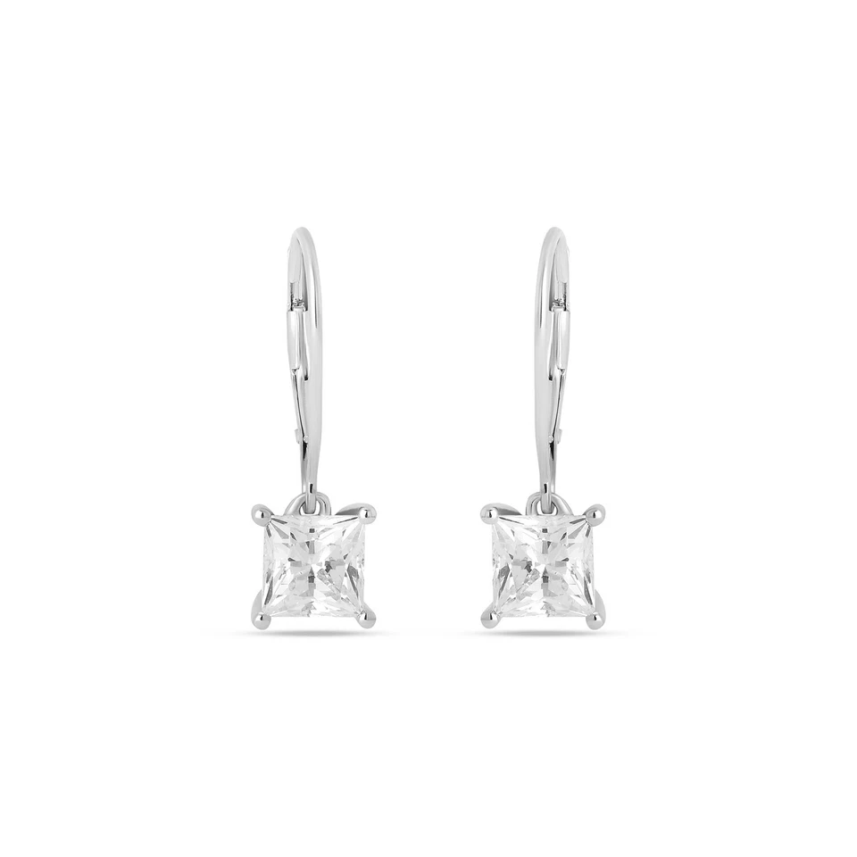 Aretes colgantes solitario de diamantes simulados de corte princesa de 2 quilates en plata 925 Foto 2 de 4