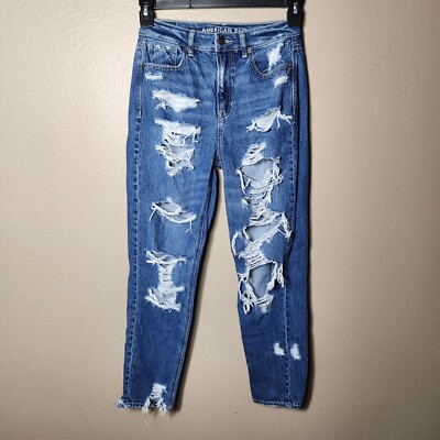 American Eagle Comfort Stretch Waistband Distressed Destroyed Mom  Jeans-Size