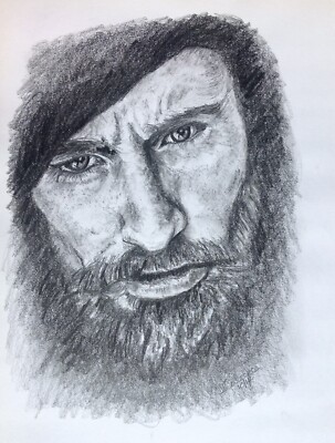 Original Bleistiftzeichnung, montiert, junger bärtiger Mann, nur Kopf.