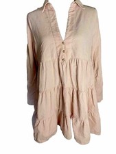 Zara Medium B 42” W 48” L 34” Creamy Beige V-Neck Collared Fringed 100% Cotton 