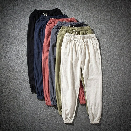 Uomo Cotone Lino Pantaloni Larghi Harem Stile Elastico Vita Sciolto Casual  | eBay