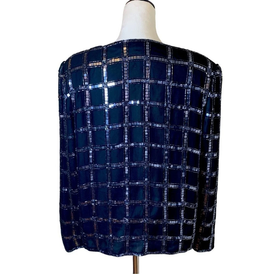 Top de seda con cuentas de lentejuelas Scala vintage grande | Blusa de noche negra retro glamurosa Foto 3 de 4