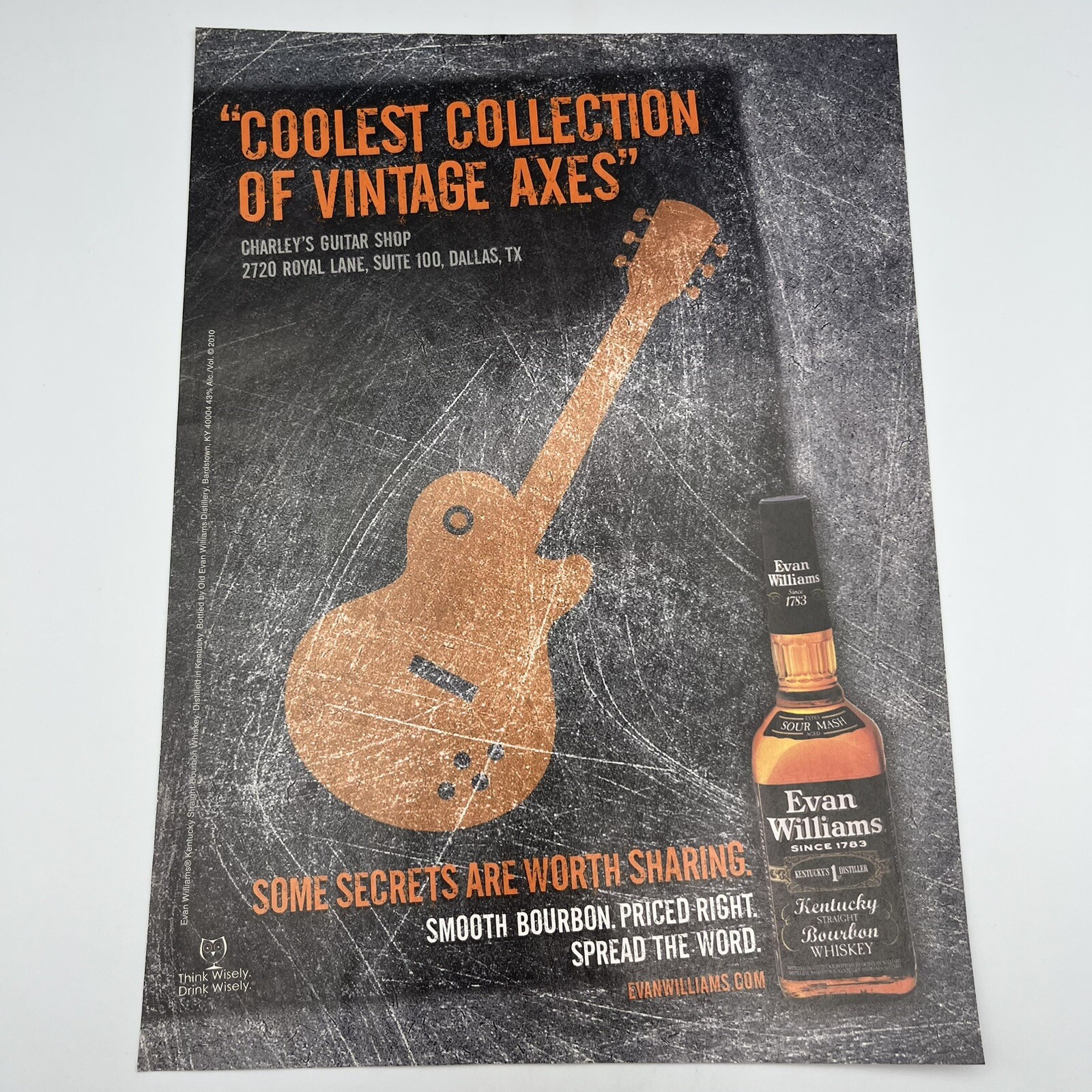 Evan Williams Whiskey 2011 Print Ad 8"x11" Charley's Guitar Shop Dallas