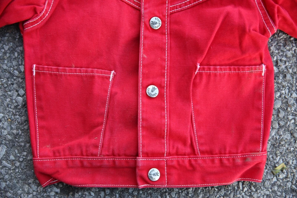 Vintage 60s Denim Jacket Stove Pipe Childrens Workwear Farm Chore Coat red - Image 4 of 4