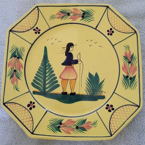 HB Henriot Quimper France Breton Man Soleil Yellow 10” Dinner Plate Octagonal