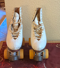 Snyder Vintage Indoor White Leather Quad Roller Skates Metal Plates Sure-Grip