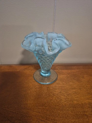 VintageFenton Opalescent Blue Hobnail 3.5” Ruffle Vase