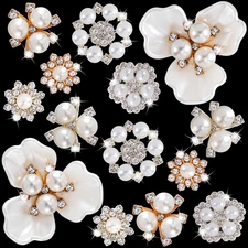 14 Pcs Pearl Rhinestone Buttons, Crystal Embellishments Flat Back Button, Flower