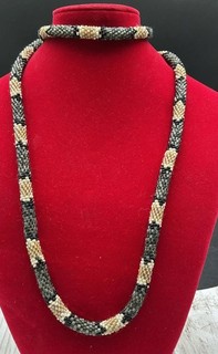 Handmade Grey & Tan Bead Crochet Snake Necklace with 925 Silver Clasp