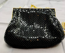Vtg. WHITING DAVIS Small Black Metallic Mesh Evening Bag 50 In Chain Handle