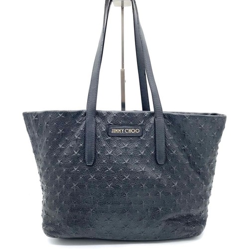 JIMMY CHOO Tote Bag Pimlico Star Embossed Leather Black Logo Classic Casual Used