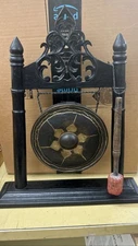 Vintage Bangkok Temple Gong on Wood Stand w/ Mallet Buddhism Decor 16” tall