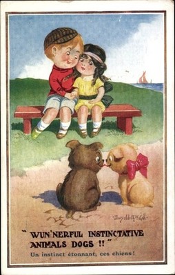 Künstler Ak McGill, D., Liebespaar, Hunde, Sitzbank - 4815131