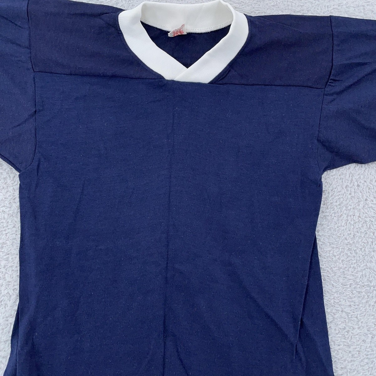 Vtg 70s Blank Jersey Ringer Shirt 2XS Navy White Stripes V Neck
