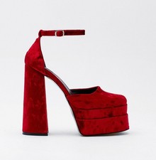 Nasty Gal, TRENDY Red crushed velvet 6.25" block heel double platforms, SZ 6