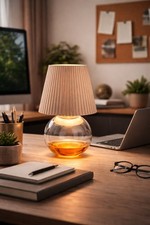 Modern Glass Table Lamp   Pleated Beige Shade  Ambient Warm White Lighting