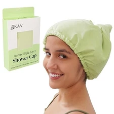 KAV Luxury Triple Layer Shower Caps for Women in Green, Reusable Waterproof