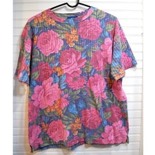 Vintage Jordache t-shirt Women's Size Large Pink Floral Striped 80s Top