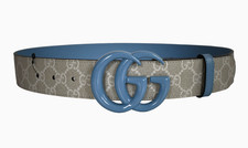🆕️Authentic GUCCI Beige/White/Blue GG MARMONT SUPREME Women's Belt IT-90 US-36