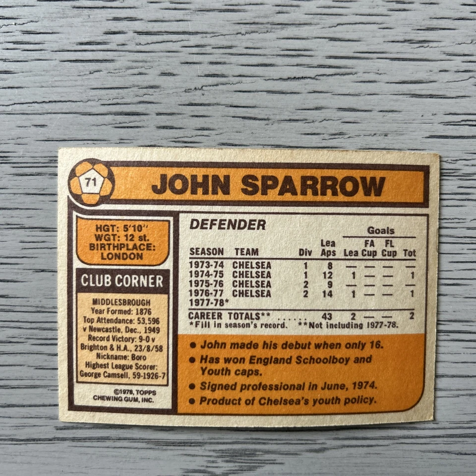 Topps Football Card 1978/79, #71 John Sparrow, Chelsea - Image 4 of 4
