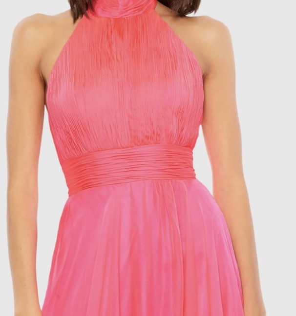 Mac Duggal Hot Pink High Neck Tiered Chiffon Halter Side Slit Gown