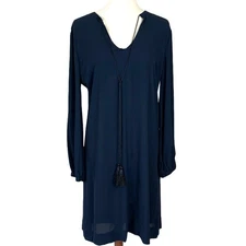 Chiffon Shift Dress Navy Blue LARGE Tassel Career Italian Designer $330 NEW