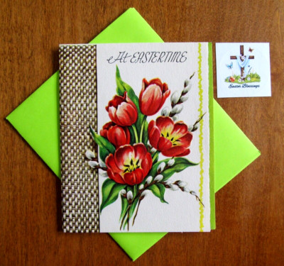 Vintage Sterling Easter Greeting Card, Env. & Seal - Pretty Red Tulips
