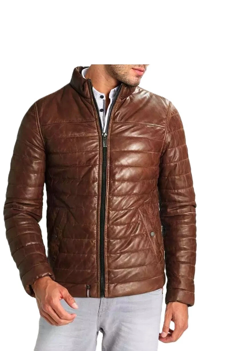 Men's Real Leather Puffer Jacket Retro Biker Jacket Quilted Brown Winter Coat