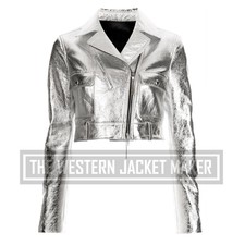 Silver Crop Jacket For Women, Women's Cropped Leather Biker Jackets, Get 20% Off