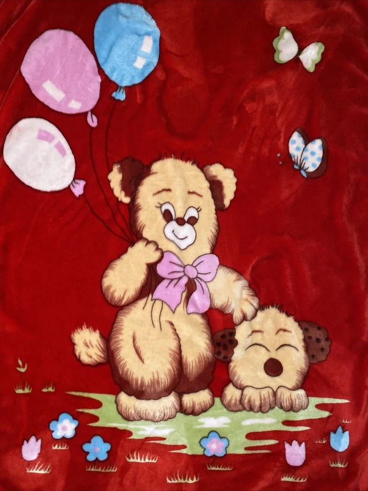Manta de Colección EMMA Bebé Niños Oso Globos Perro Mariposa Rojo RARA 2 CAPAS Foto 2 de 4