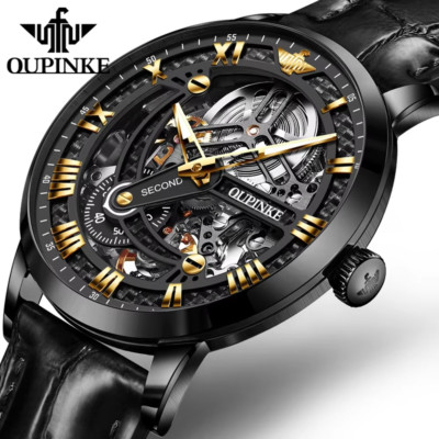 OUPINKE Automatic Skeleton Watch 41mm Sapphire Crystal Leather Strap Luxury