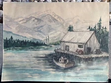 Vintage 1970s Nautical Landscape Mountains Watercolor Painting Signed Gamble