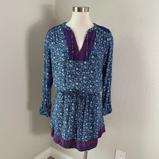 Gap Womens Medium Floral Boho Dress Long Sleeve Pockets Front Tie Neck