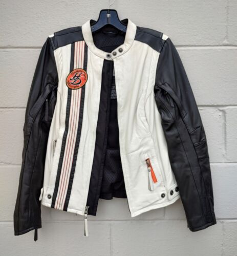 Giacca di pelle Harley Davidson ingranaggio da equitazione nero bianco arancione taglia small - Foto 9 di 11