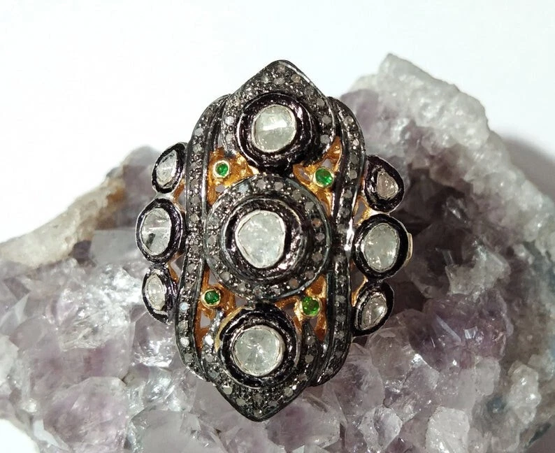 Anillo de diamantes Polki Pave anillo de plata de ley 925 para mujer regalo de Navidad Foto 3 de 4