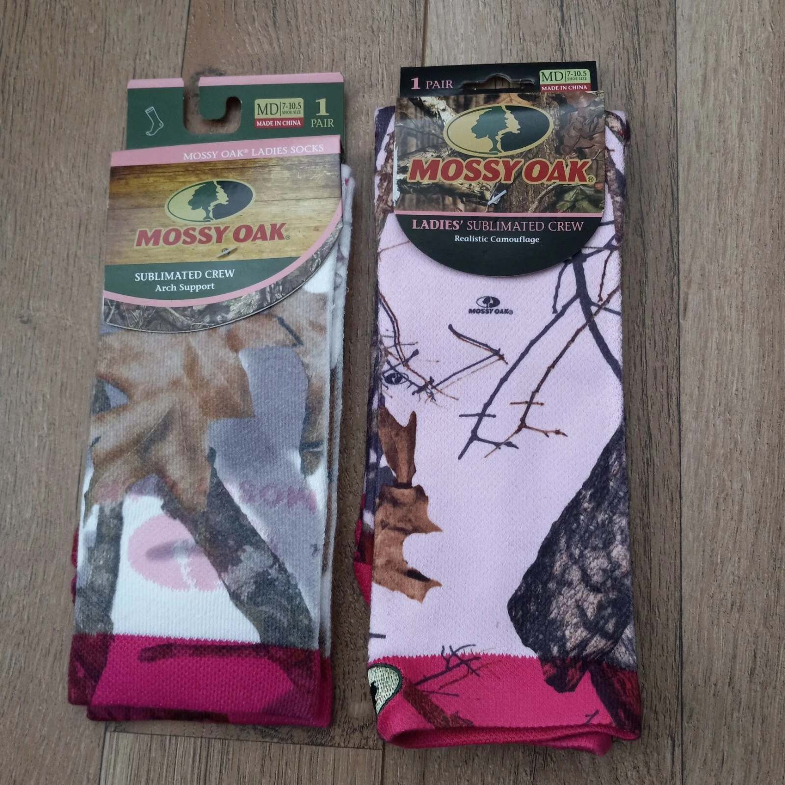 Mossy Oak 2 Pair Womens Pink Camo Socks Sublimated Crew Arch Support Size 7-10.5