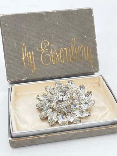 Vintage Eisenberg Rhinestone Brooch Pin with Box