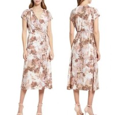 Halogen Short Sleeve Wrap Midi Dress - Beige- Purple Wax Paint M