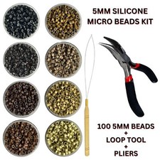 5mm Silicone Lined Micro Beads Rings 100, Pliers & Loop Tool Hair Extensions Kit
