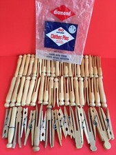 Vtg Lot 57 WOODEN WOOD CLOTHES PINS Round Flat Head Spring Loaded Old Weathered