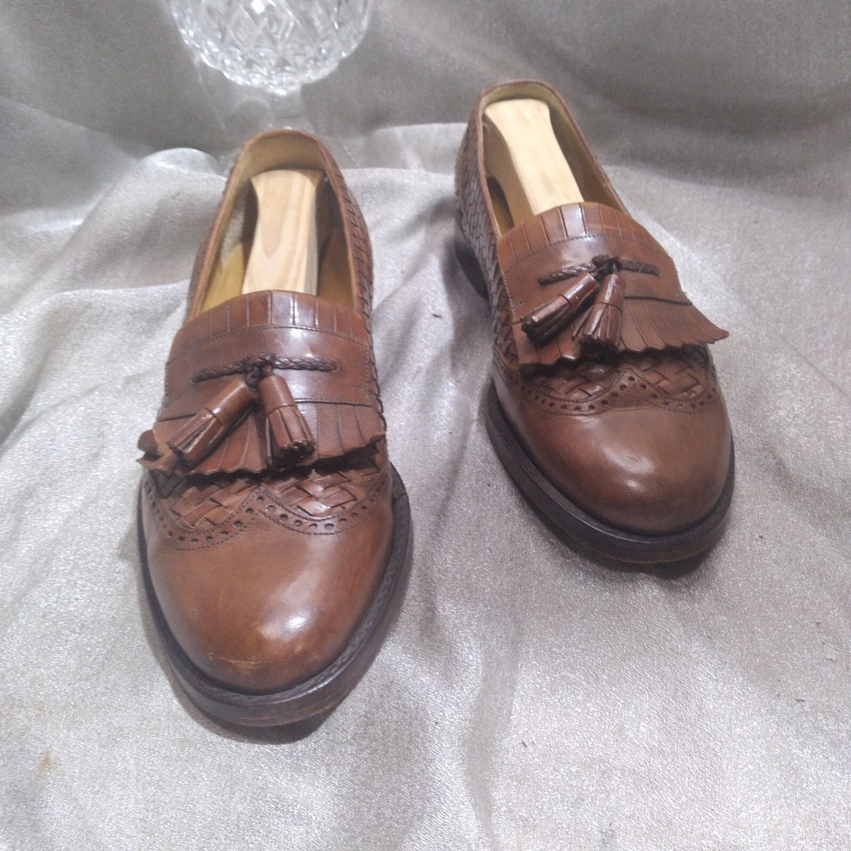 Mezlan Alicante Brown Leather Kiltie Tassel Woven Loafers 