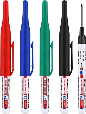 4PCS Deep Hole Marker Pens Waterproof Long Nib Carpenter Pens Multi-Purpose