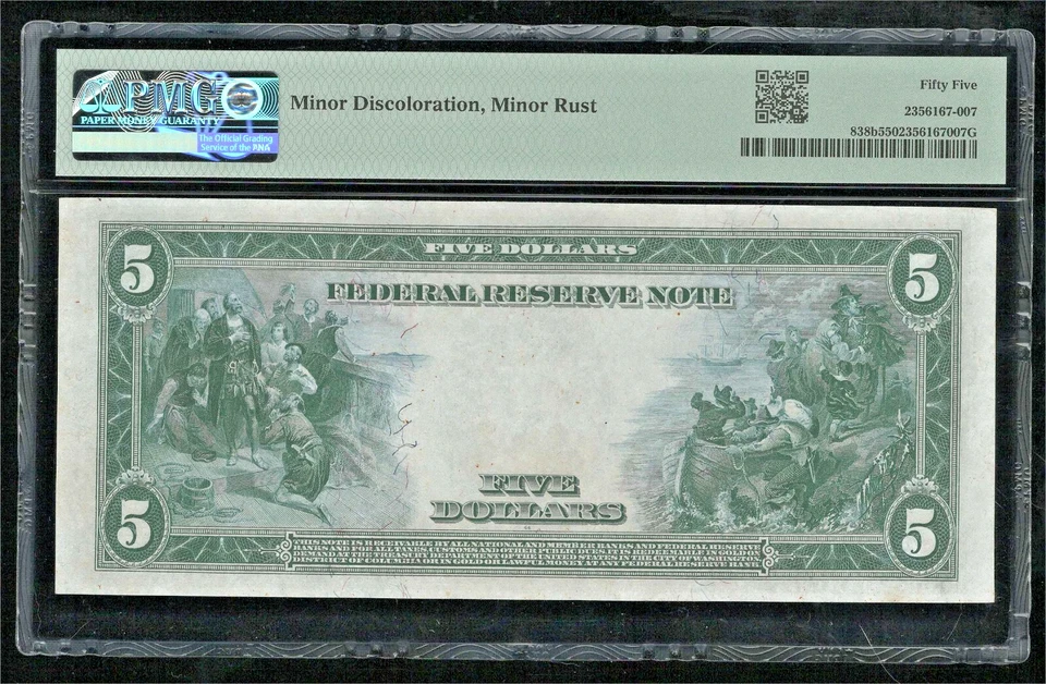 US 1914 $5 FRN Chicago Red Seal Note FR 838b PMG 55 Ch AU (140) - Image 2 of 2